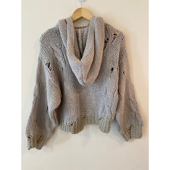 Moth  by Anthropologie Gray Distressed Metallic Trim Hooded Sweater Size XS - Picture 2 of 9